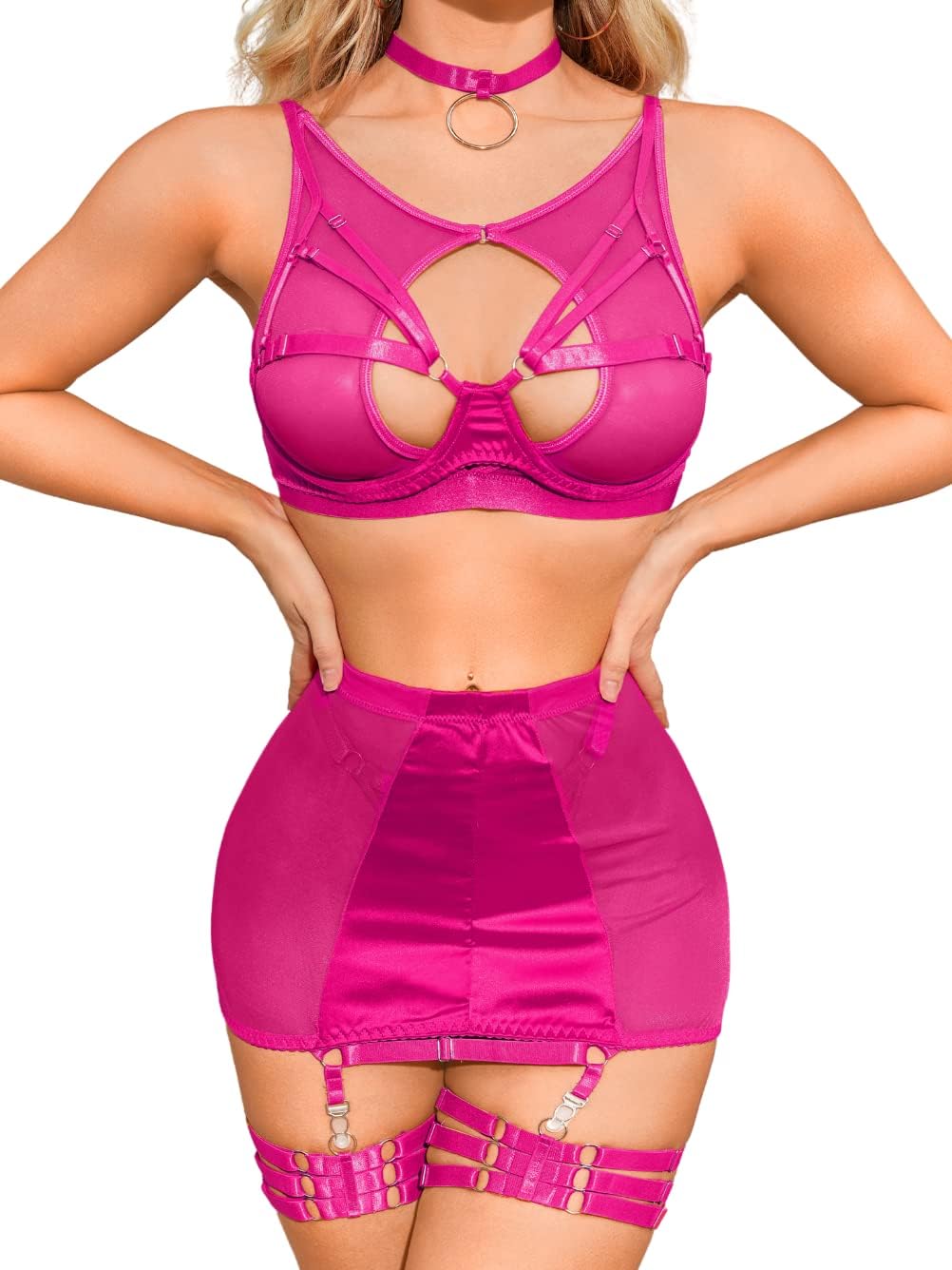 Garter Lingerie for Women, Strappy High Waisted Skirt G String 4 Piece Sexy Exotic Lingerie Outfits Set Boudoir