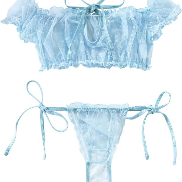 Sexy Stretch Ruffle Tie Sheer Mesh Lingerie Set Outfits