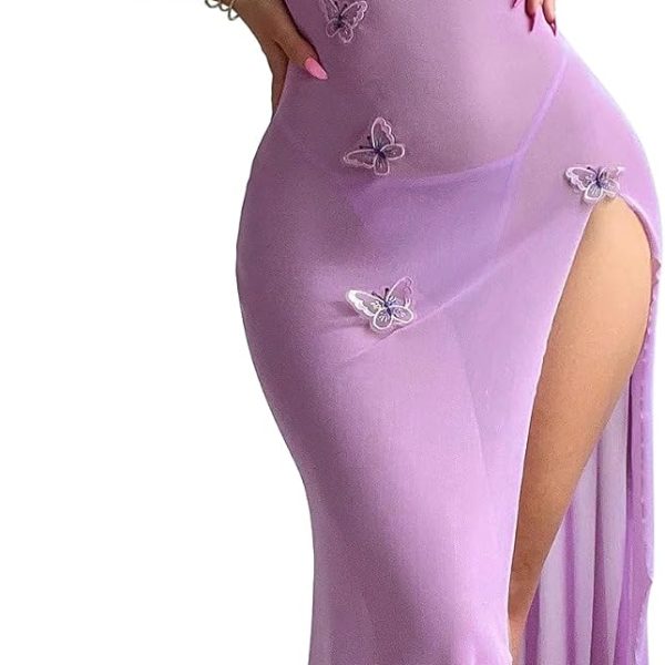 Sexy Butterfly Split Leg  Sheer Mesh Maxi Lingerie Dress with Thong 2 Piece Set