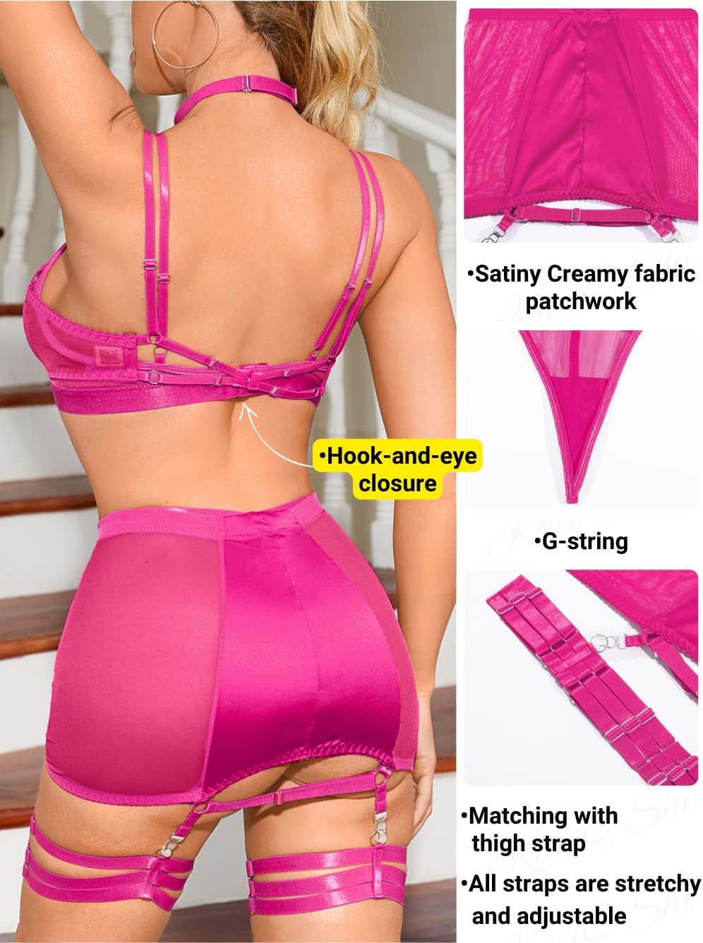 Garter Lingerie for Women, Strappy High Waisted Skirt G String 4 Piece Sexy Exotic Lingerie Outfits Set Boudoir - Image 2