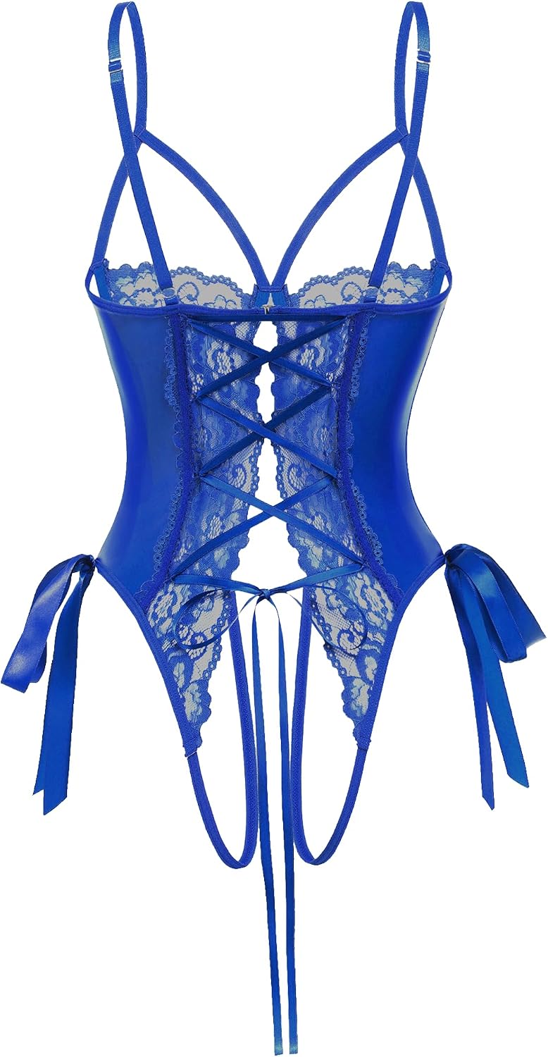 Sexy Lingerie for Women One Piece Lingerie Cutout Bodysuits Mini Lace Leather Body Suit Lace-Up Back - Image 2