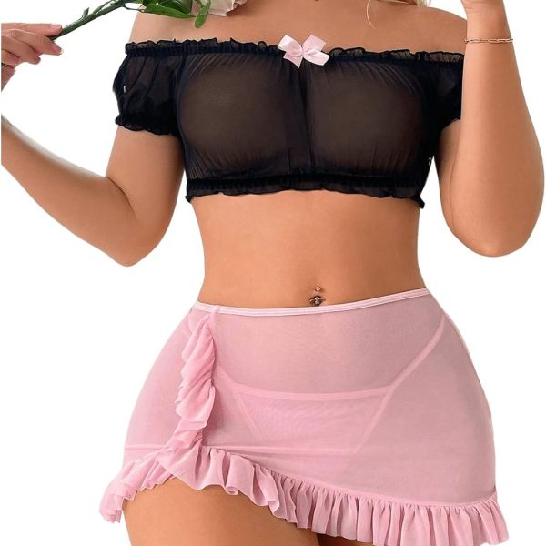Sexy Lingerie Set for Women Sheer Mesh Off Shoulder Bra Panty Ruffle Skirts 3 Piece Sets