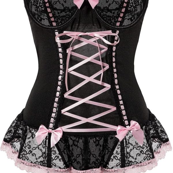 Sexy Rave Mesh Corset Ruffle Lace Up  Sheer Garter Belt  Lingerie Set With Thong 3 Piece Women