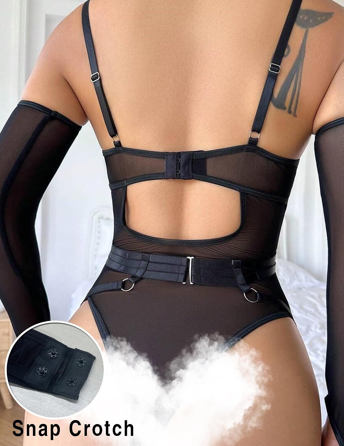 Sexy Lingerie for Women Mesh with Garter Exotic Bodysuit(Including Oversleeves) - Image 2