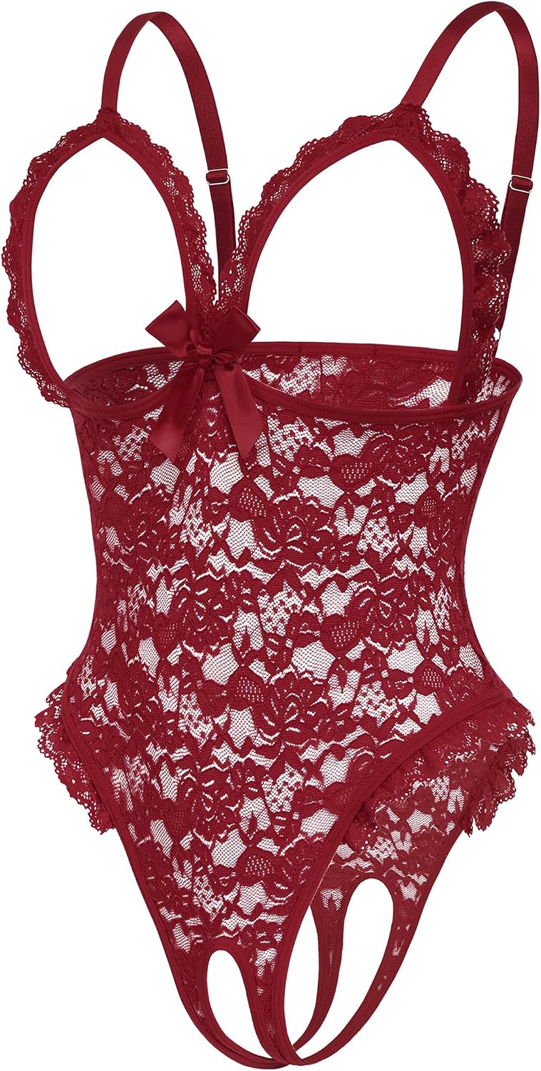 One Piece Lingerie Sexy Ruffle V Neck Bodysuit Lace Nightie - Image 2