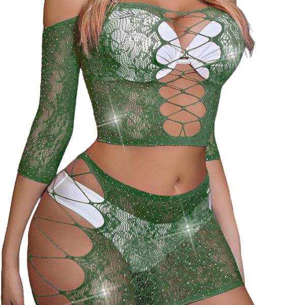 Womens Lingerie Set Fishnet  Sexy Mesh Chemise Rhinestone Fishnet Lingerie