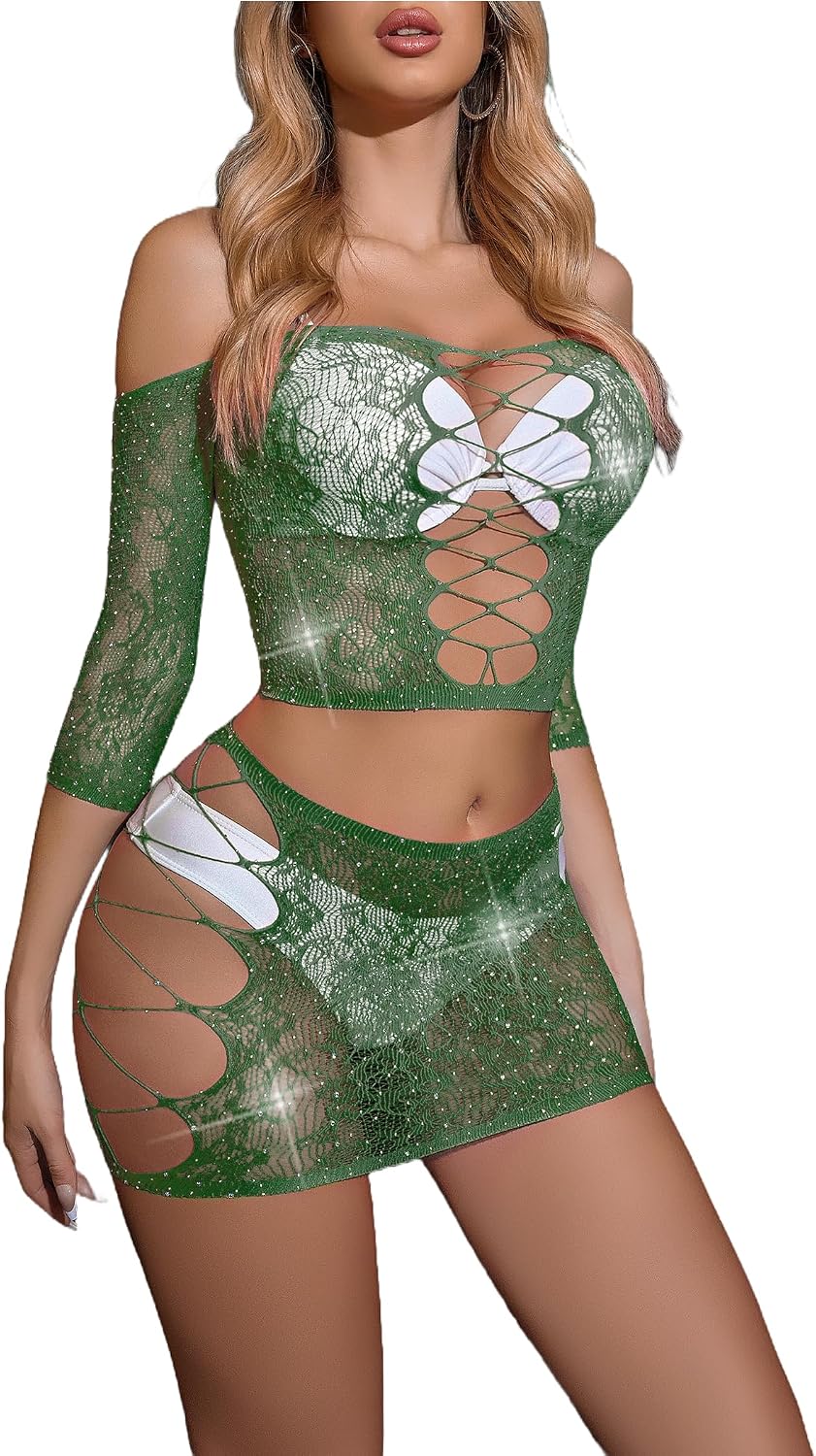 Womens Lingerie Set Fishnet Sexy Mesh Chemise Rhinestone Fishnet Lingerie
