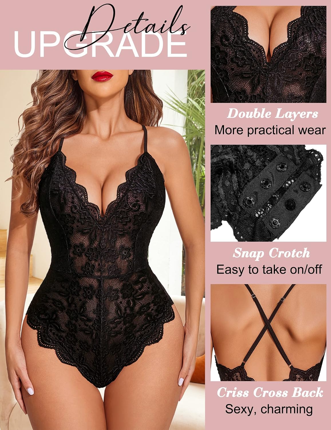 Women One Piece Lingerie Deep V Sexy Lace Bodysuit Crotch - Image 2