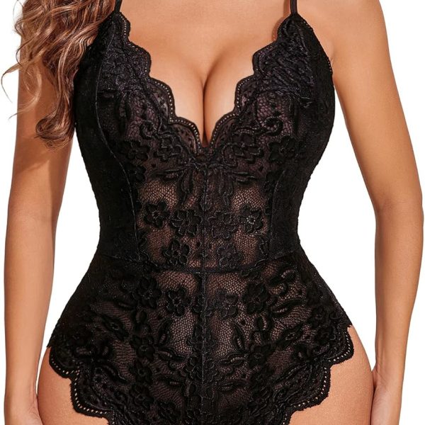 Women One Piece Lingerie Deep V Sexy Lace Bodysuit Crotch